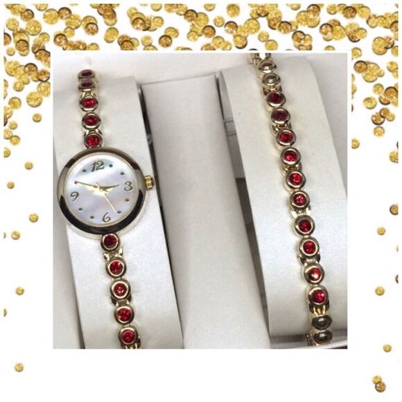 WATCH and Bracelet Set! Gold color Red stones new! - Picture 3 of 5